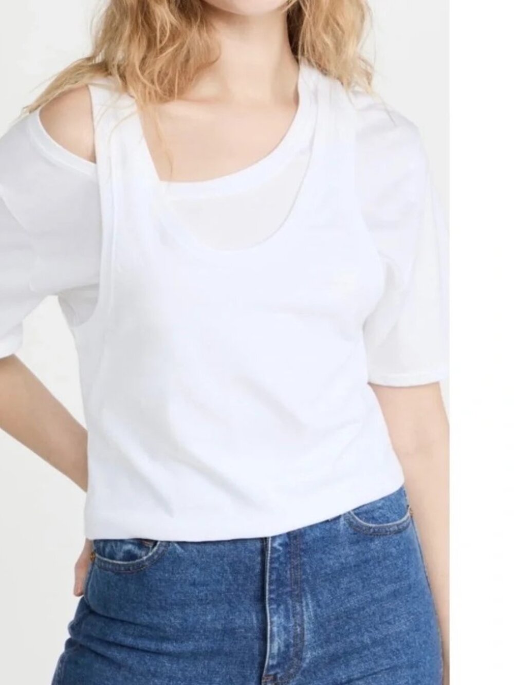 Jonathan Simkhai Standard White Dionne 100% Cotton Double Layer Tee, size XS